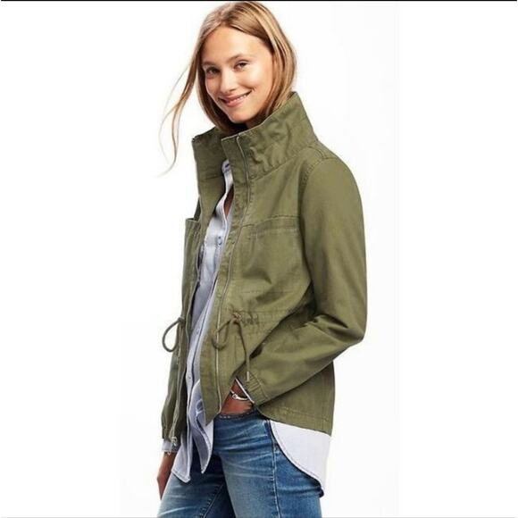 XS Old Navy linen blend utility cargo jacket, 4 pockets olive green high collar - Picture 1 of 4